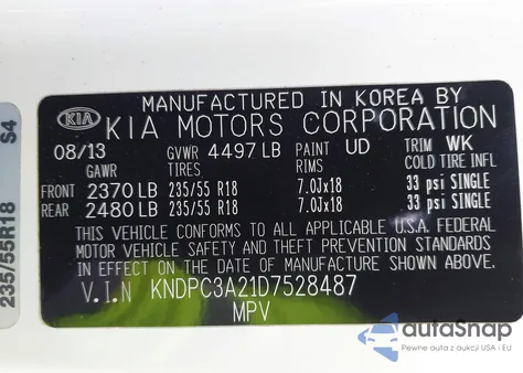 2013 Kia Sportage Ex z USA, uszkodzony, nr VIN KNDPC3A21D7528487